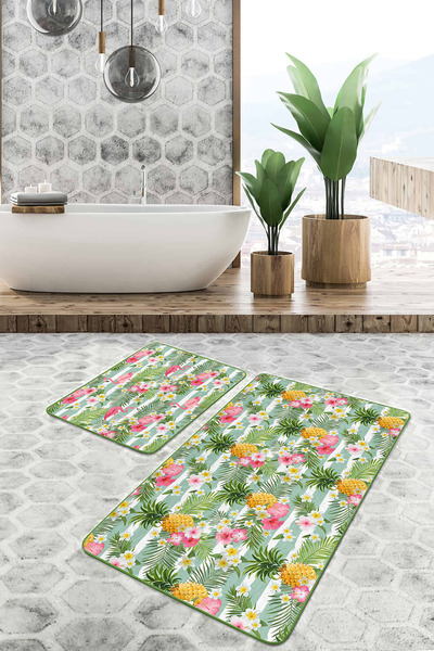 Realhomes طقم سجادة للحمام والمطبخ مكون من قطعتين بتصميم فلامنغو أناناس مخطط ...