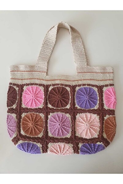 NEXT LİFE STORE Square Motif Medium Size Bohemian Style Stylish and Useful Hand Knitted Shoulder Bag