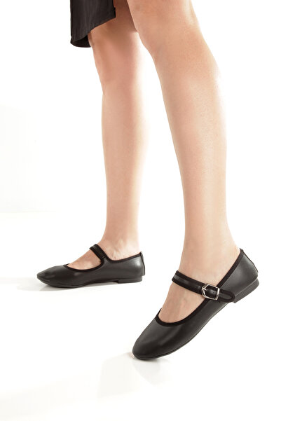 PAYZİN ''ECE'' حذاء باليه مسطح من الجلد الأسود بإبزيم دائري سميك وكعب مسطح مت...