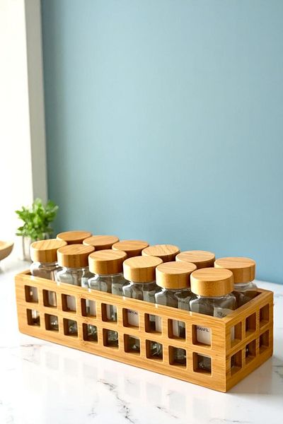 LUMİNA Set of 12 Bamboo Spice Racks with Bamboo Stand and Bamboo Lids – with Labels