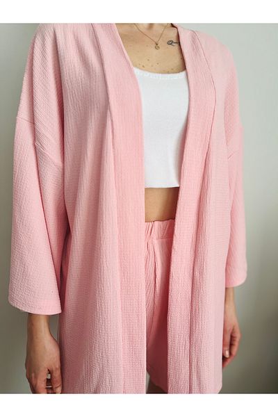 VOL Belted Front Tie Kimono (Cardigan) - Shorts Set