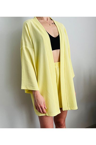 VOL Belted Front Tie Kimono (Cardigan) - Shorts Set