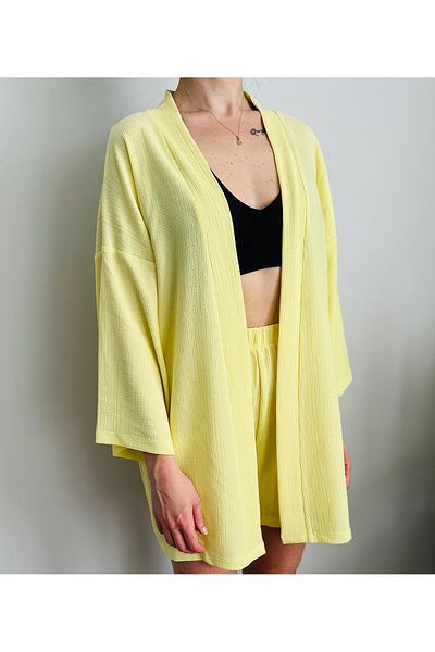 VOL Belted Front Tie Kimono (Cardigan) - Shorts Set