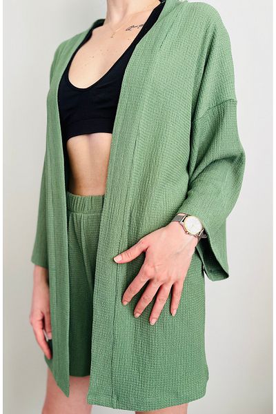 VOL Belted Front Tie Kimono (Cardigan) - Shorts Set