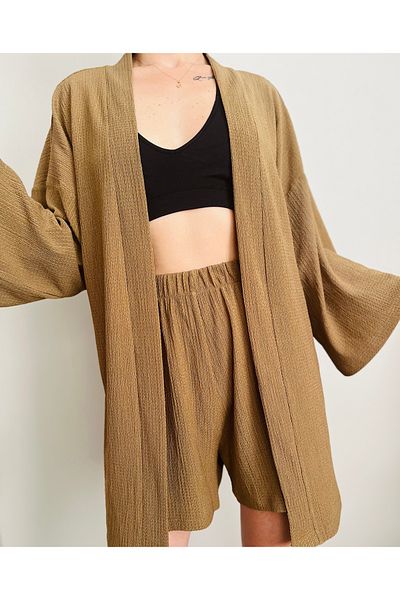 VOL Belted Front Tie Kimono (Cardigan) - Shorts Set