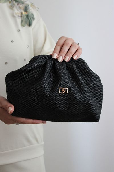 Mimoza Women's Straw Look Black Faux Leather Clutch Bag – Hand and Cross Strap, Lined