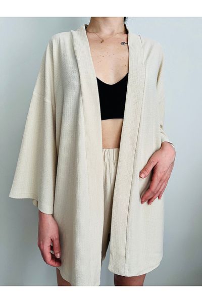 VOL Belted Front Tie Kimono (Cardigan) - Shorts Set