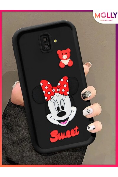 Molly Samsung Galaxy J6 PLUS Için Siyah Kenarları Kalın 3d Kabartmalı Sevimli Minnie Silikon Kılıf