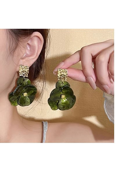 mos&more French Style Gold Green Steel Stud Earrings