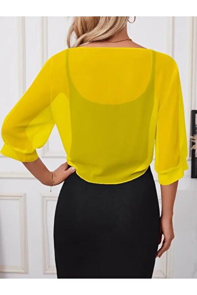 ALPACO Γυναικείο μπουφάν με τριών τέταρτων μανίκια με δέσιμο μπροστά κοντό σιφόν μπολερό -ΣΥΛΛΟΓΗ