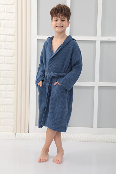 Almir Home 4 Kat Müslin Kapüşonlu Çocuk Bornoz Lacivert Renk Unisex