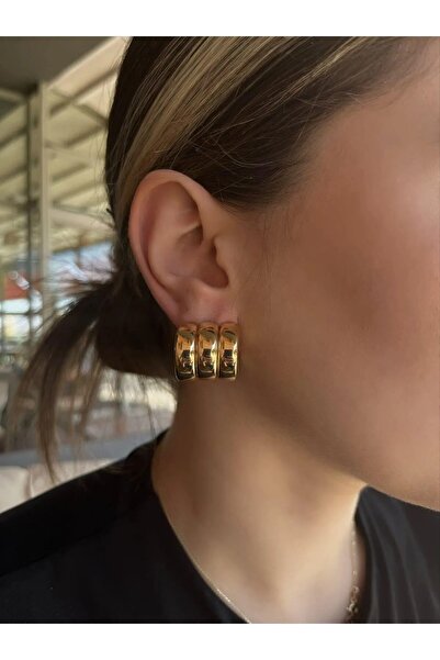 Perry Accesories yalı çapkını pelo küpesi gold renk 3 çizgili küpe altın kaplama gold küpe kadın küpe