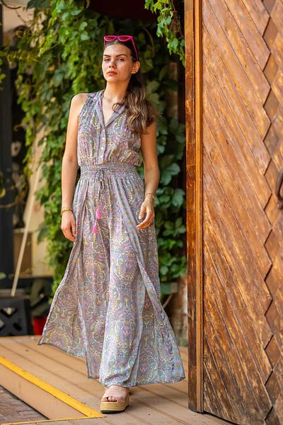 Miss Boheme Pink Color Bohemian Silk Jumpsuit with Front Slit Detail