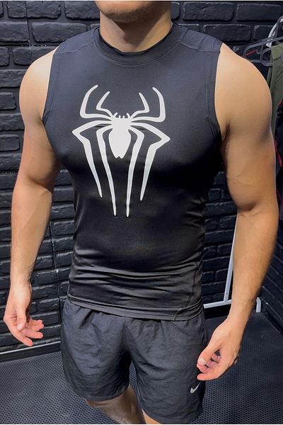 YHM Compression Black White Spider Printed Men's Sports Singlet – Tight Fit