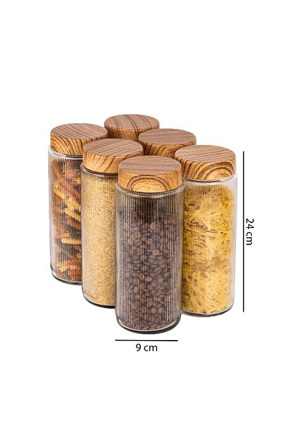 naturelove 6 Pieces of Wooden Look Glass Jar with Lid and Food Storage Container 1500 ml
