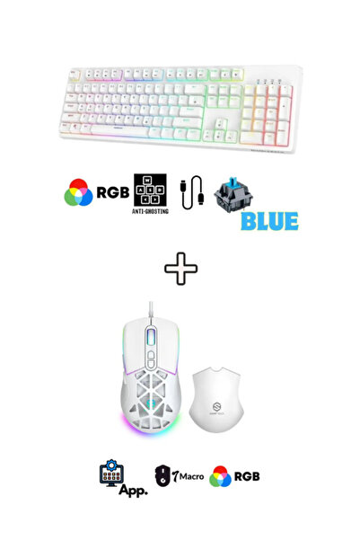 Genel Markalar Kablolu Oyuncu Klavye Mouse Seti Siyah Beyaz RGB Gaming Mekanik Makrolu Klavye Mouse Set