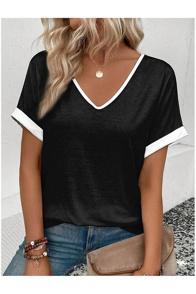 KAZAK Women's Short Sleeve V Neck Double Color Viscose Blouse