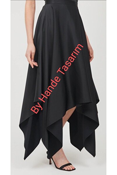 BY HANDE TASARIM Γυναικεία μαύρη συμμετρική σατέν φούστα