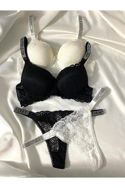 Beyaz Gelincik Underwear Γυναικείο σετ εσώρουχα με δαντέλα με πέτρα με επένδυση Push Up Σετ εσώρουχα Διπλό πακέτο Πλεονέκτημα