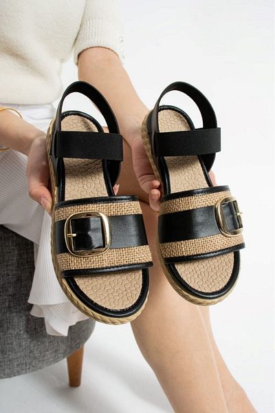 STOCON Gold Buckle Straw Strap Women's Sandals Daily Stylish Use and Beach Sandals Stc1117