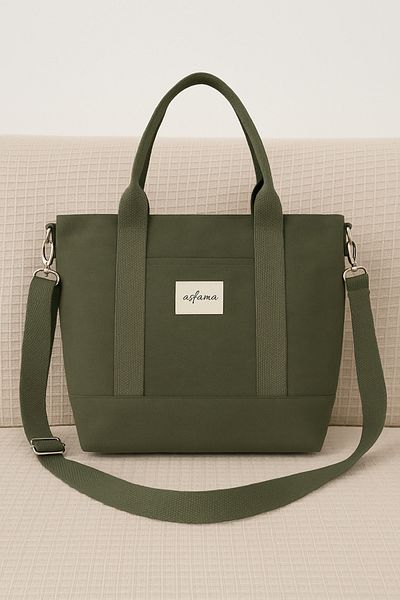 ASFAMA Large Size Zippered Canvas Bag Tote Bag with Shoulder Strap