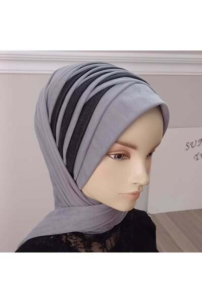 BERKE TUHAFIYE AKSESUAR Koyu Gri Renk Siyah Simli Drapesi Simli Eşarp Tipi Şa...