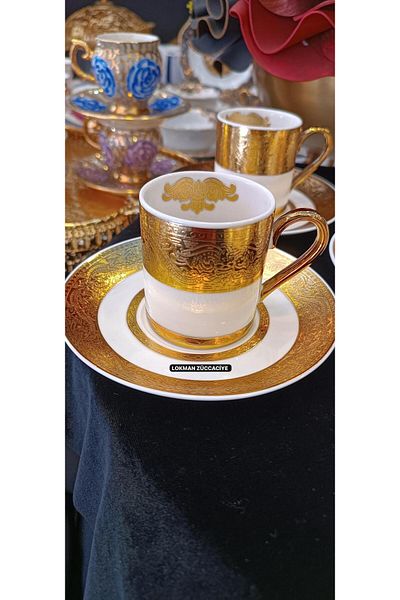 LOKMAN ZÜCCACİYE Bovaria Germany Hand Made 24K Brush Gold Handworked Coffee Cup Set 90 ml (Model 5)