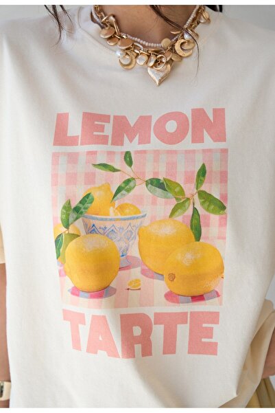 FEMMESTUDIO Women's Ecru Crew Neck Lemon Tarte Printed Oversize T-Shirt