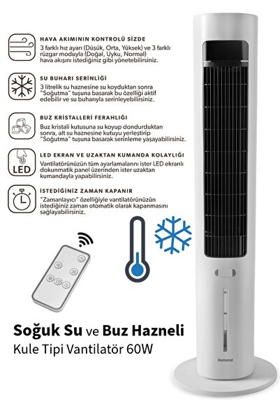 HOMEND Uzaktan Kumandalı Soğuk Su & Buz Hazneli Kule Tipi Vantilatör 60W Fano...