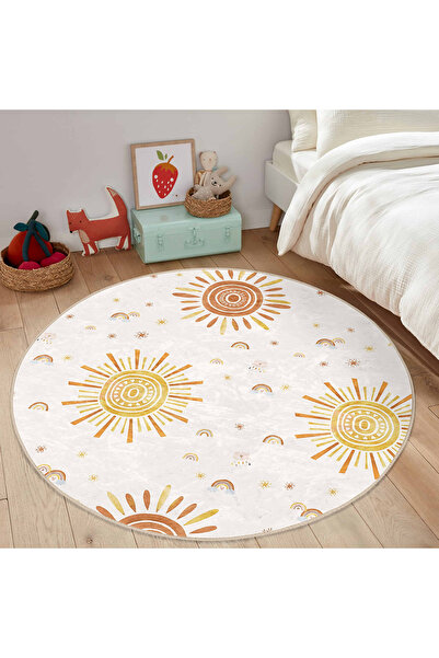 Realhomes Güneş Motifli Renkli Halı – Yuvarlak Çocuk Odası İçin Yıkanabilir K...