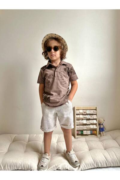 lesa kids wear طقم تي شيرت مطبوع عليه أوراق الشجر مع شورت كتان للأولاد