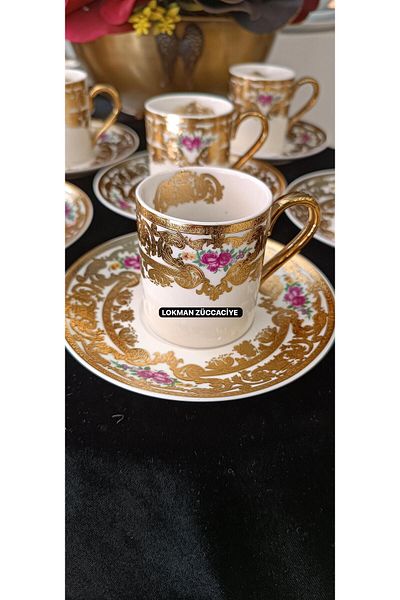 LOKMAN ZÜCCACİYE Bovaria Germany Hand Made 24K Brush Gold Handworked Coffee Cup Set 90 ml (Model 4)