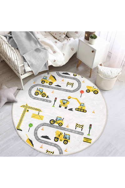 Realhomes Çocuk Odası İçin İnşaat Temalı Kaymaz Taban Yuvarlak Halı – 3D Diji...