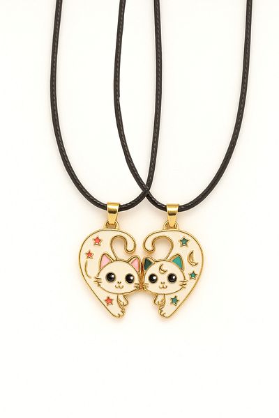 MakeWell Cat Design Leather Drawstring 2-Piece Children's Teen Necklaces Friendship Necklace