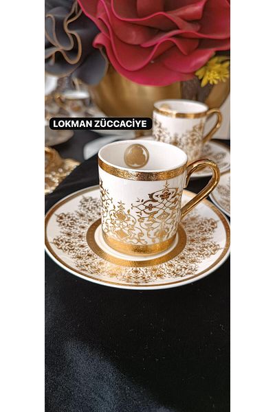 LOKMAN ZÜCCACİYE Bovaria Germany Hand Made 24K Brush Gold Handworked Coffee Cup Set 90 ml (Model 2)
