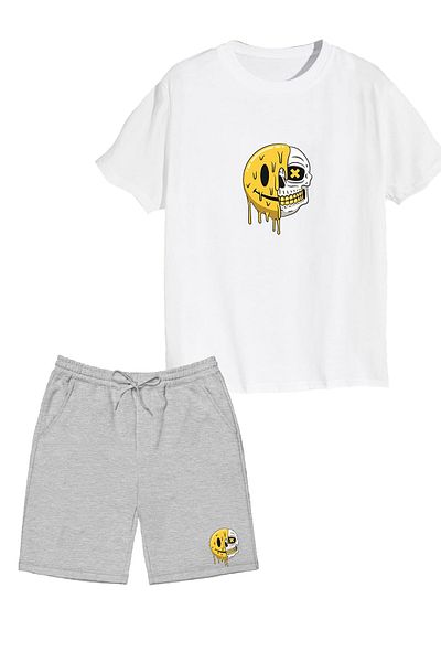 makiteks Set de 2 bumbac Culoare uni Bărbați Femei Unisex Pantaloni scurți și tricou Tricou Galben Smile Pain