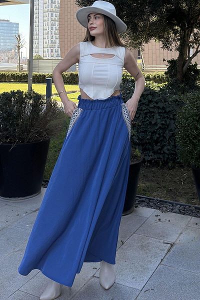 NEW LAVİVA Fusta lungă Kiloş cu buzunare indigo pentru femei - 700-3389