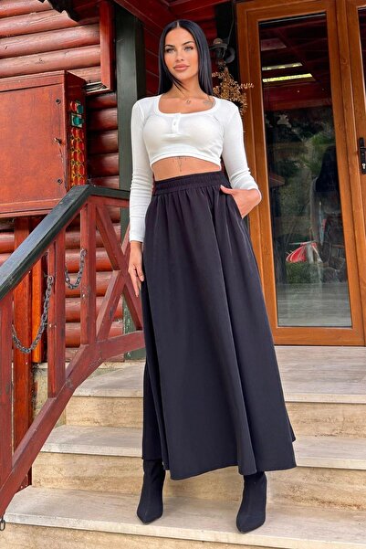 NEW LAVİVA Women's Black Elastic Casual Skirt - 700-3676