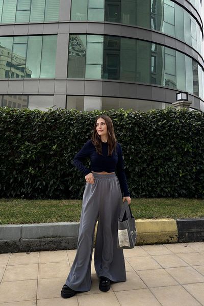NEW LAVİVA Women's Gray Wide Leg Kupra Trousers - 700-3391