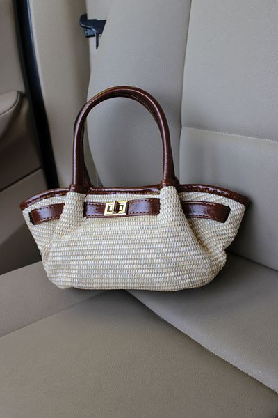 Mimoza Women's Tan Straw Drawstring Detailed Stylish Hand and Shoulder Bag