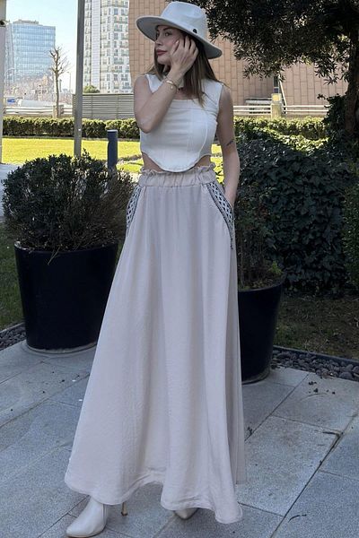 NEW LAVİVA Women's Beige Pockets Detailed Kiloş Long Skirt - 700-3389