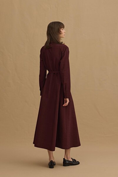 Fahhar Kemerli Gömlek Elbise Bordo