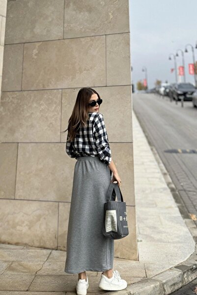 NEW LAVİVA Women's Gray Ankle Length Elastic Lycra Pencil Skirt - 700-3503