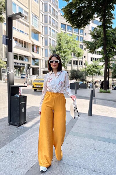 NEW LAVİVA Women's Mustard Wide Leg Linen Trousers - 700-2933