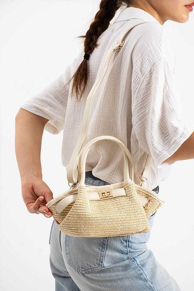 Mimoza Women's Cream Straw Stylish Hand and Shoulder Bag with Drawstring Detail