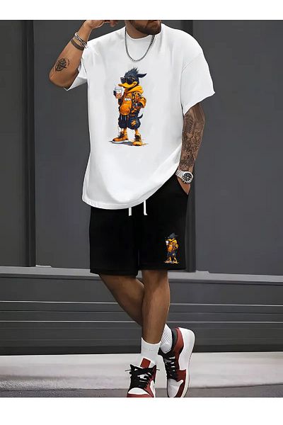 makiteks Cotton Set of 2 Solid Color Men Women Unisex Regular Shorts and Tshirt T-Shirt Crazy Duck Drink