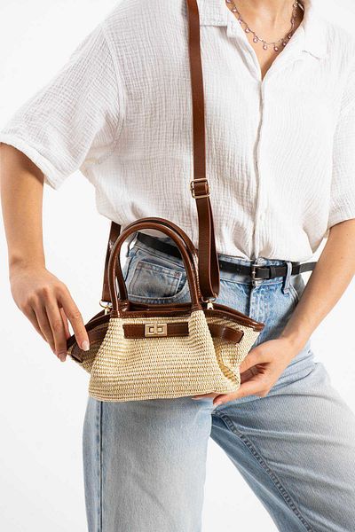 Mimoza Women's Tan Straw Drawstring Detailed Stylish Hand and Shoulder Bag
