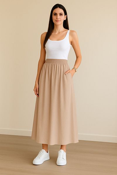 Misue Handmade تنورة طويلة من قماش البوبلين مع خصر مطاطي، تنورة عالية الجودة، تنورة من قماش البوبلين بنسبة 100% من القطن مع جيوب
