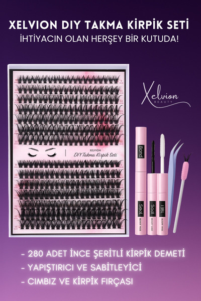 XELVION BEAUTY Takma Kirpik Seti Yapıştırıcı, Sabitleyici, Cımbız Ve Kirpik Fırçasıyla 240 Adet Kirpik Tutamı
