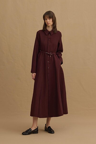 Fahhar Kemerli Gömlek Elbise Bordo